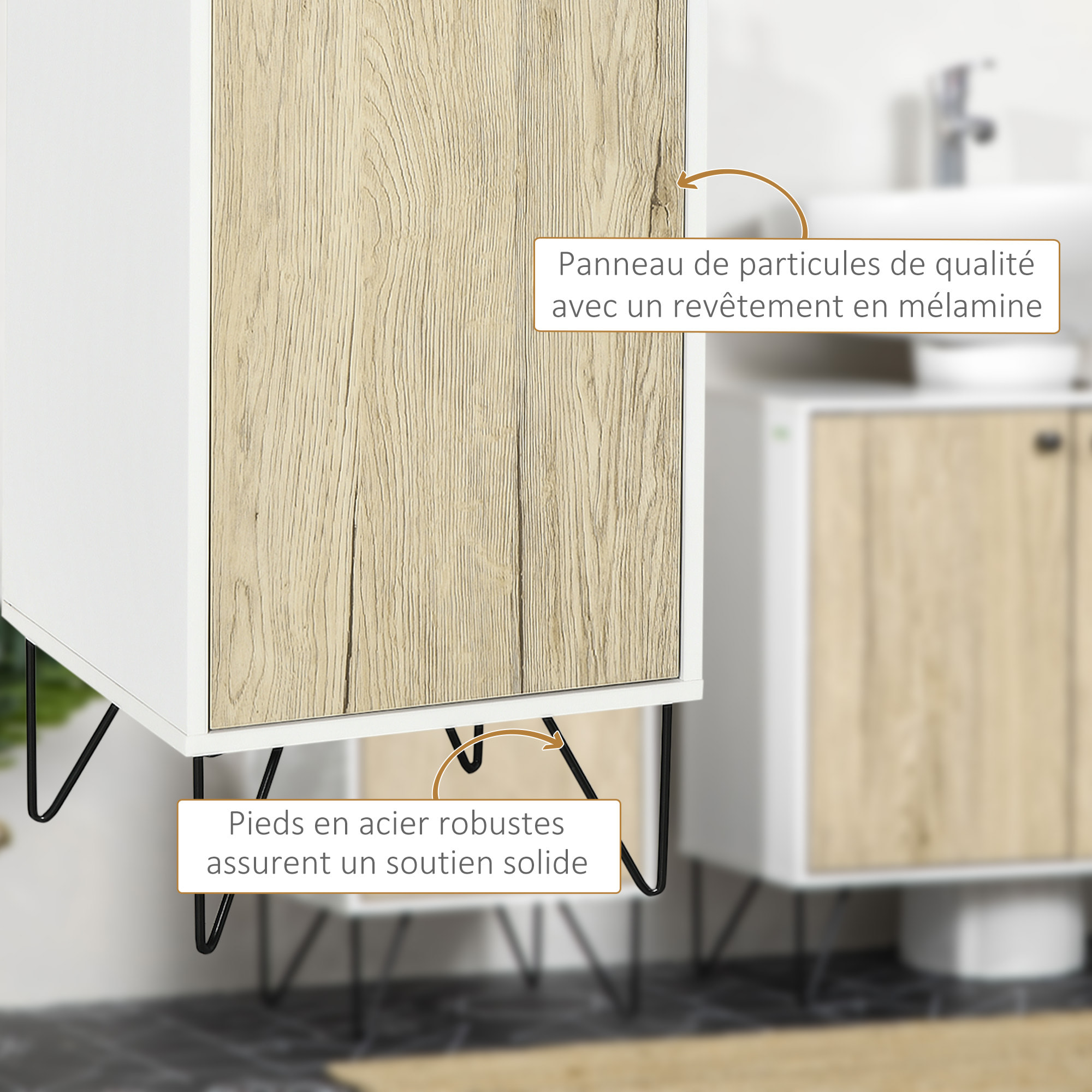 Meuble bas de salle de bain porte étagère niche piètement épingle acier noir panneaux blanc aspect bois clair