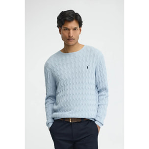 Maglione azzurro in filo a trecce e logo Rigby Go