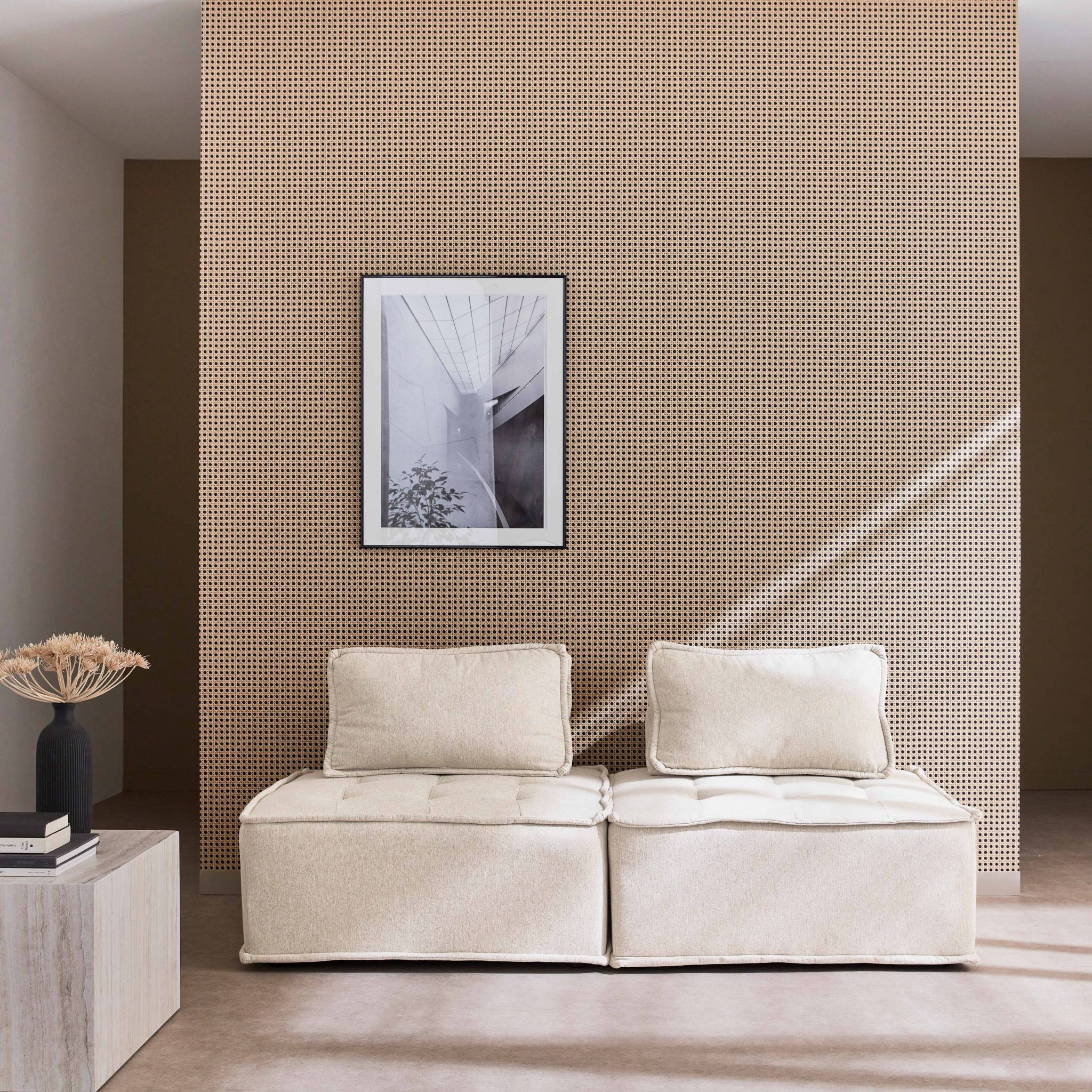 Lot de 2 chauffeuses pour canapé modulable tissu capitonné crème avec un coussin
