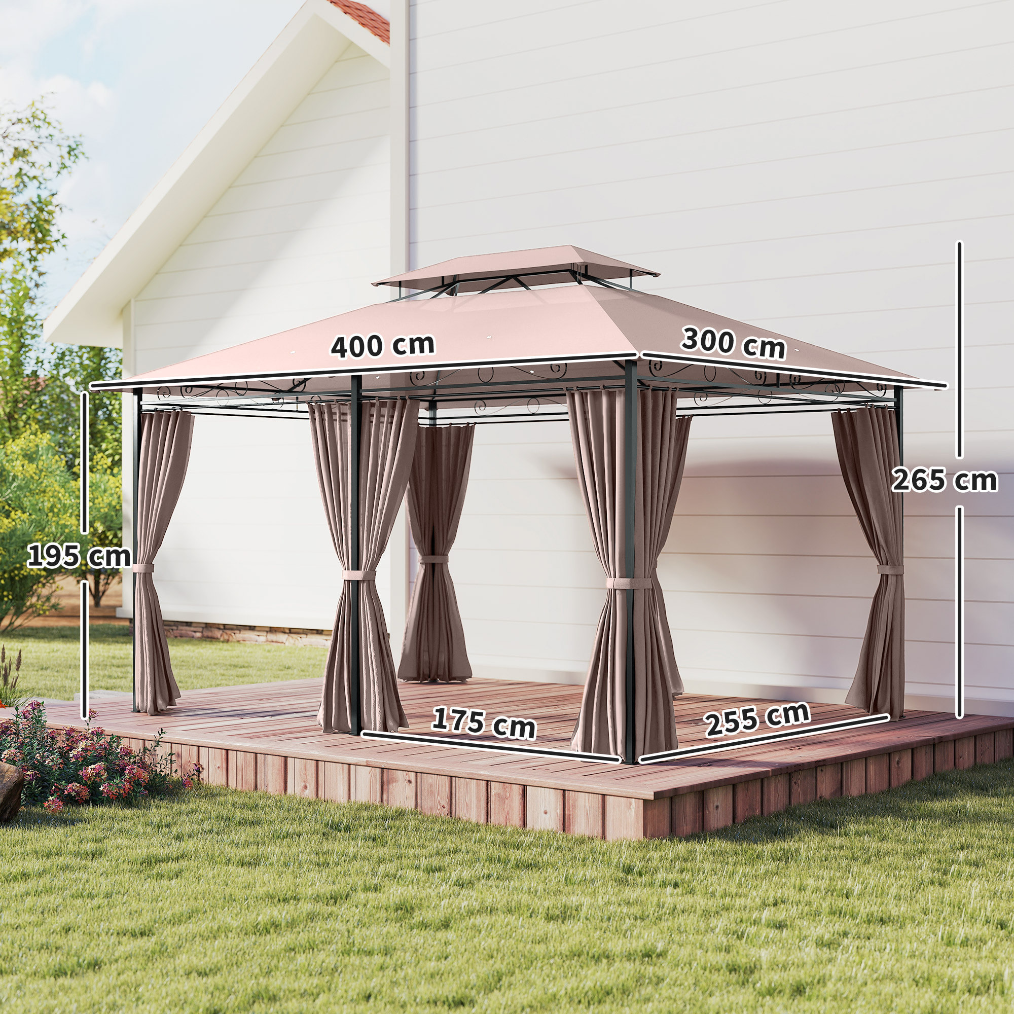 para Jardín 3x4 m Pérgola de Jardín Gazebo con Doble Techo Paredes Laterales Resistente al Agua Carpa para Exterior Terraza Patio Caqui