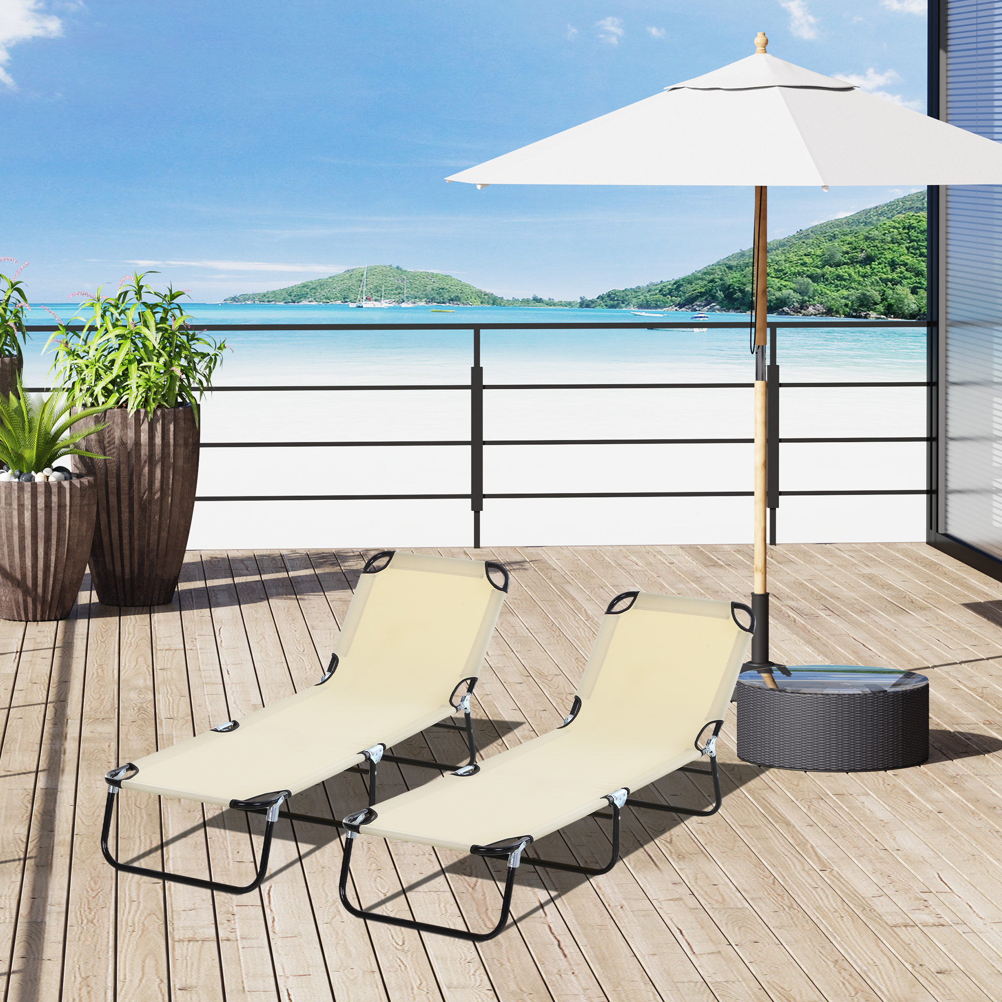 Conjunto de 2 Tumbonas Plegables Tumbonas de Jardín Reclinables con Respaldo Ajustable en 5 Niveles Carga 120 kg para Terraza Piscina 188x56x28 cm Beige