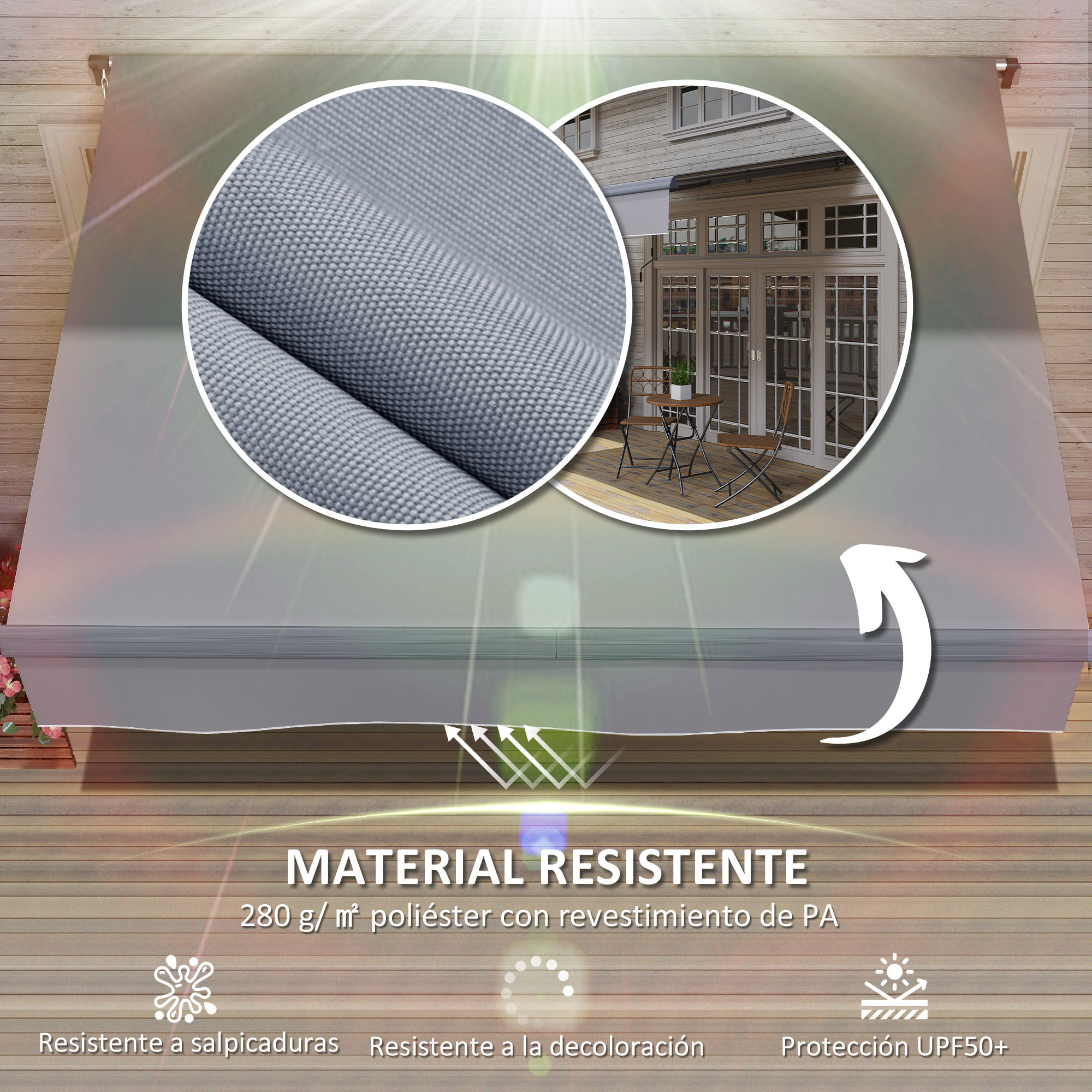 Toldo Manual Retráctil 3x2 m Toldo Exterior Terraza Enrollable Ajustable con Manivela Protección UV50+ Estructura de Aluminio y Metal para Balcón Jardín Gris