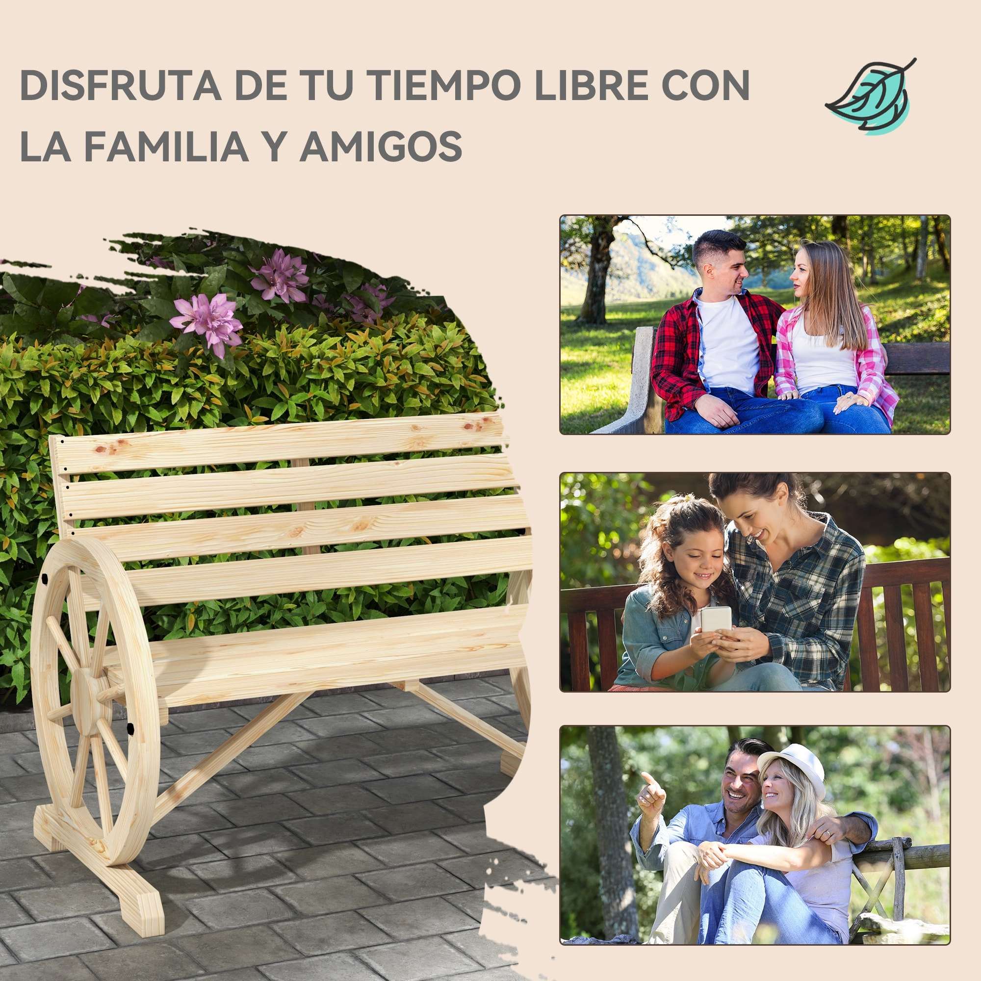 Banco de Jardín de Madera, Banco de Exterior con Reposabrazos en Forma de Rueda, Estilo Rústico, Carga 240 kg, de 2 Plazas, para Patio, Terraza, 105,5x56x79 cm, Madera Natural