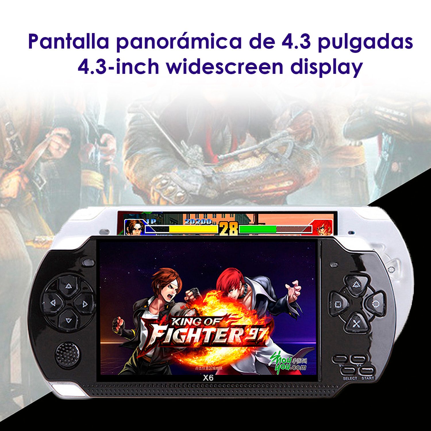 Consola de videojuegos X6 con juegos clásicos preinstalados. Reproductor multimedia con grabadora de sonido, cronómetro, calculadora y calendario.