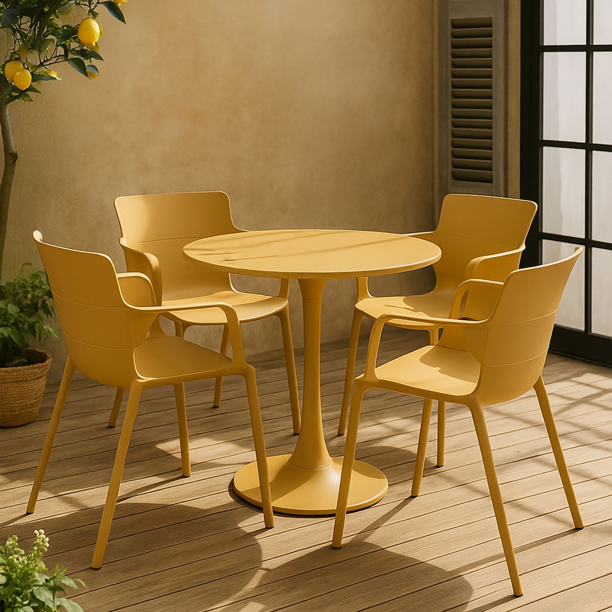 Ensemble de repas table et 4 fauteuils en polypropylène ocre MONTAUK