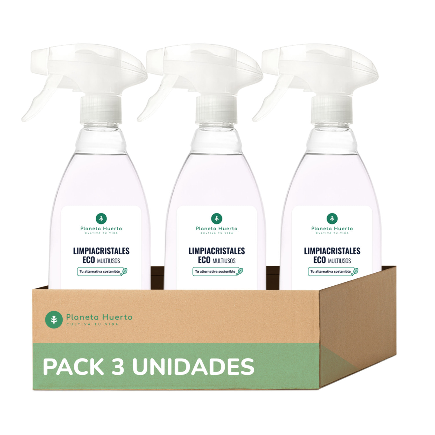 PLANETA HUERTO | Pack 3x Limpiacristales y Multiusos Ecológico 750 mL – Producto Biodegradable con Ingredientes Naturales – Sin Químicos Agresivos