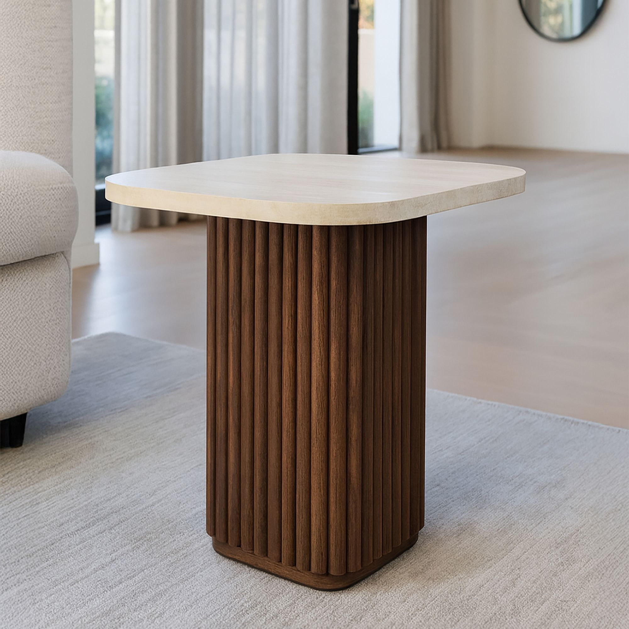 Table d'appoint carré effet travertin et pied effet noyer 40cm