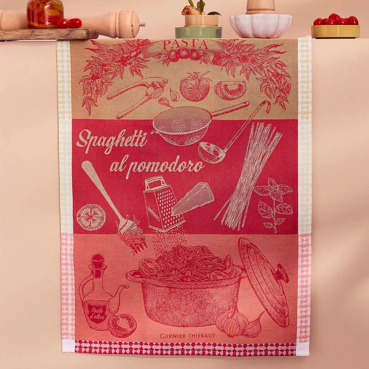 Torchon pur coton motif jacquard vert rouge Spaghetti pomodoro basilic