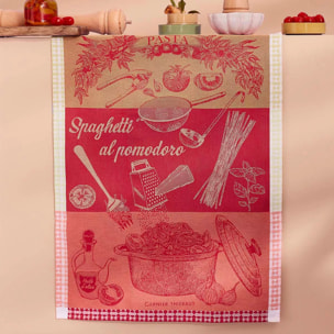 Torchon pur coton motif jacquard vert rouge Spaghetti pomodoro basilic