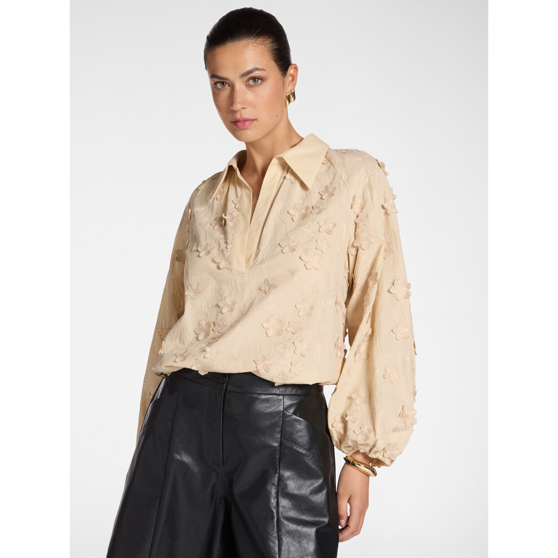 Elena Mirò - Blusa de voile de algodón con bordados - Beige