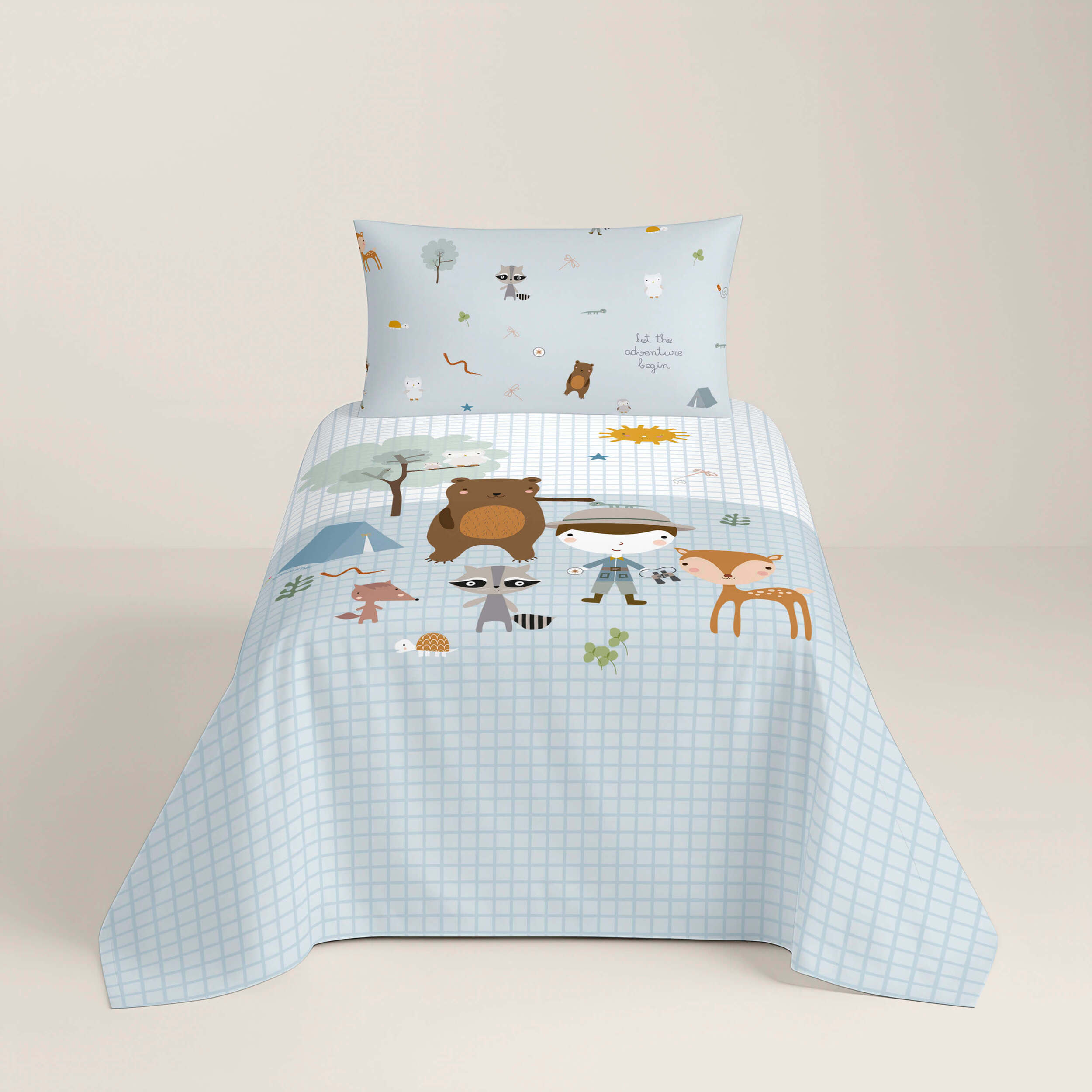 Juego de Sábanas Estampadas - Infantil - Incluye 1 Funda de Almohada - 100% Algodón - Aventura Bosque