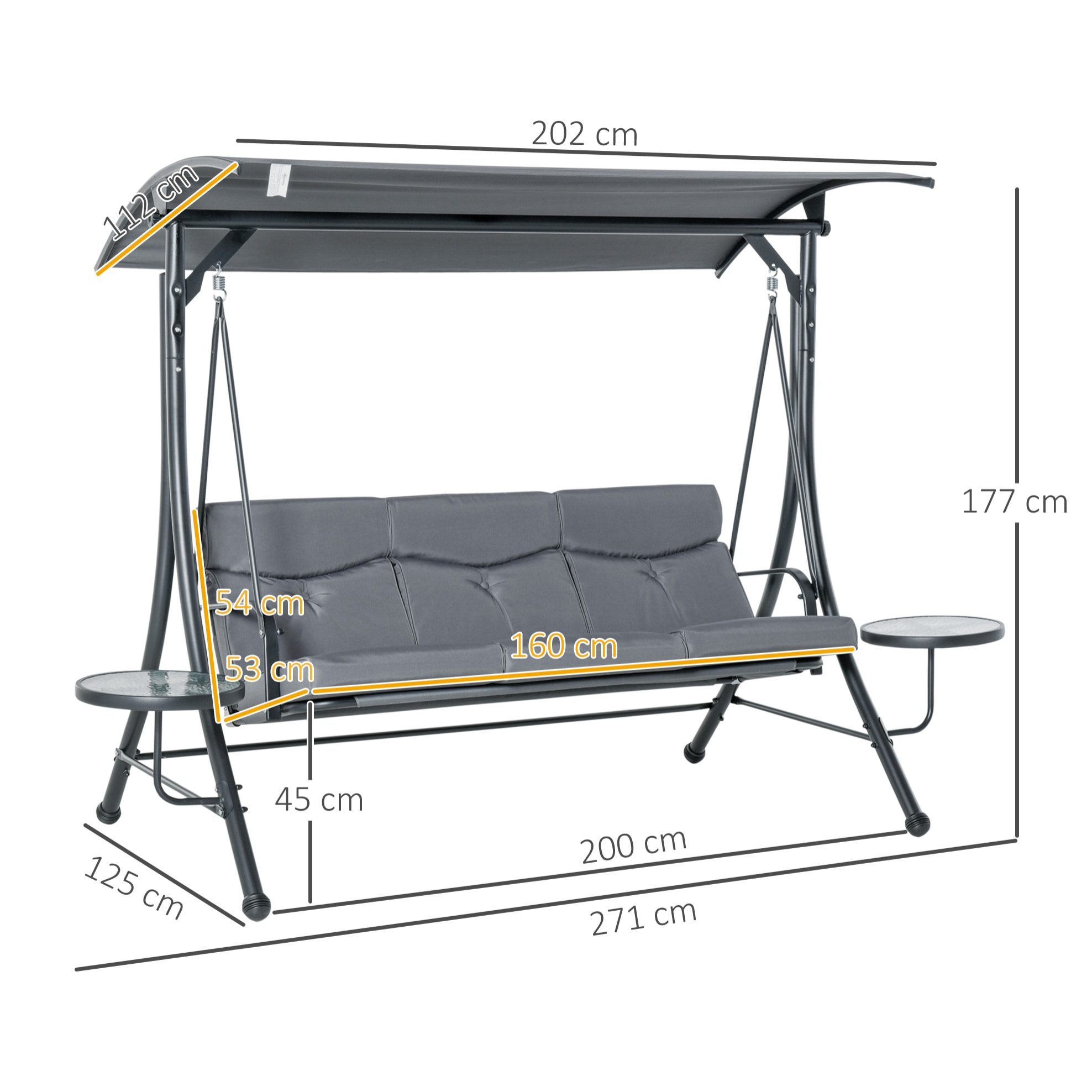 Balancelle de jardin 3 places grand confort toit inclinaison réglable épais coussins amovibles 2 tablettes polyester métal époxy gris