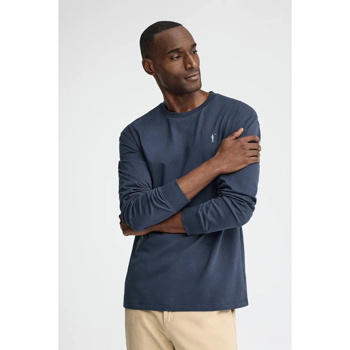 Maglietta blu denim a maniche lunghe, fit dritto con ricamo Rigby Go