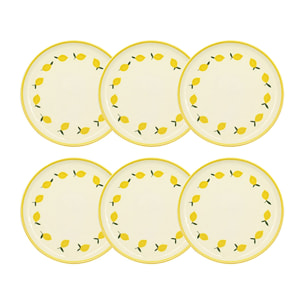 Lot de 6 assiettes à desert 20cm en grès jaune et blanc à motif citron CITRON
