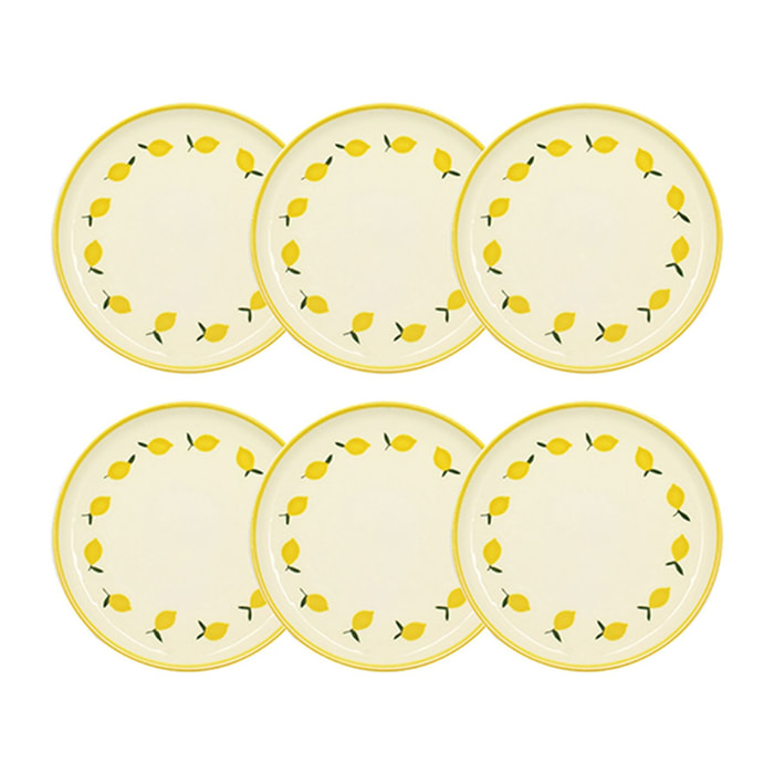 Lot de 6 assiettes à desert 20cm en grès jaune et blanc à motif citron CITRON