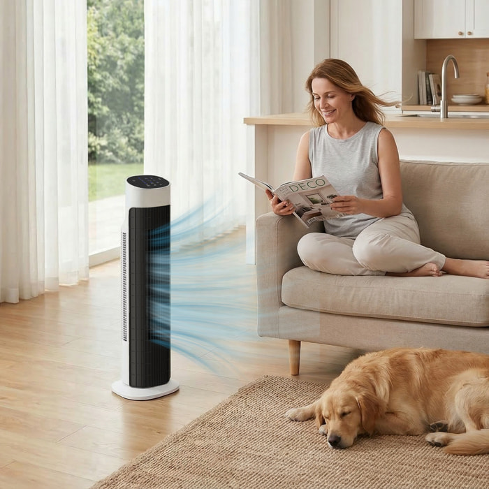 Ventilador de Torre, Ventilador de Pie Silencioso con Control Remoto, 3 Velocidades, 3 Modos, Temporizador 7,5H, Oscilación 70°, Pantalla LED, para Dormitorio, Blanco y Negro