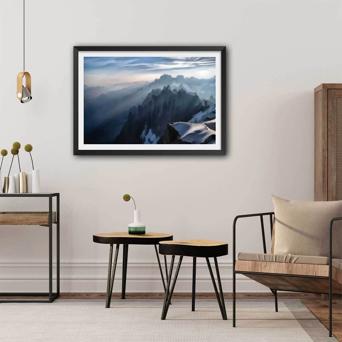 Affiche Un matin à l'Aiguille du Midi Affiche + cadre en bois - Noir