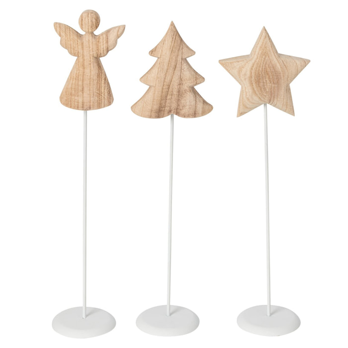 J-Line anges, arbres et étoiles - bois de paulownia - blanc/naturel - small - assortiment de 3