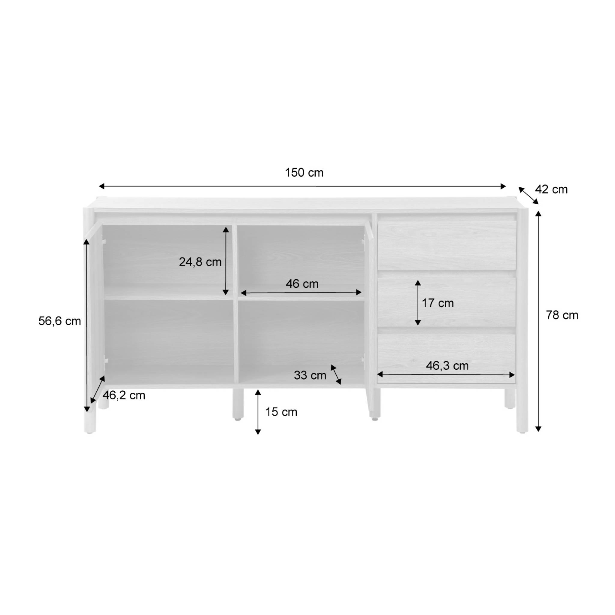 Buffet décor bois 2 portes 3 tiroirs 150cm naturel - 150 x 42 x 78.5 cm - Harmony