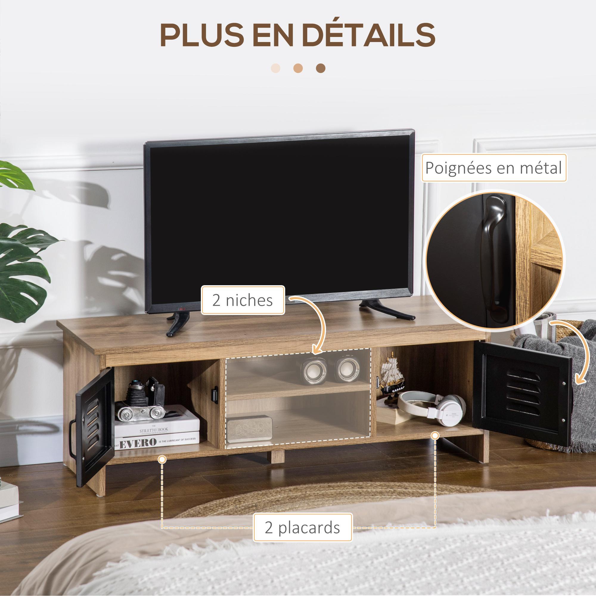 Meuble TV banc TV design industriel - 2 placards, 2 niches, 2 passe-fils - panneaux particules aspect bois veinage portes métal noir