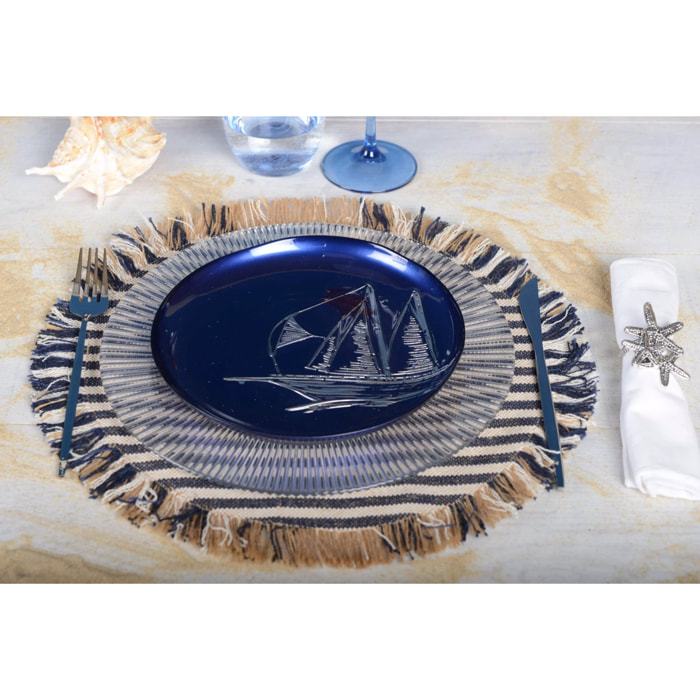 Lot de 6 Dessous d'assiette en toile de jute raye beige et bleu