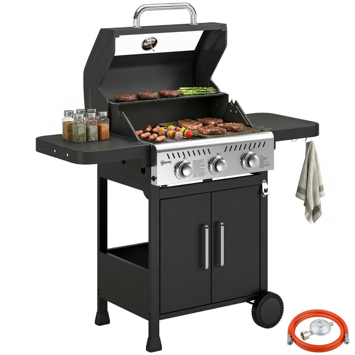 Barbacoa de Gas BBQ Gas Portátil con 3 Quemadores 7,5 kW Termómetro Mesas Laterales Plegables Armario Rejilla Calentadora Parrilla Plancha Tapa con Ventana Recogedor y Recipiente Grasa Ruedas