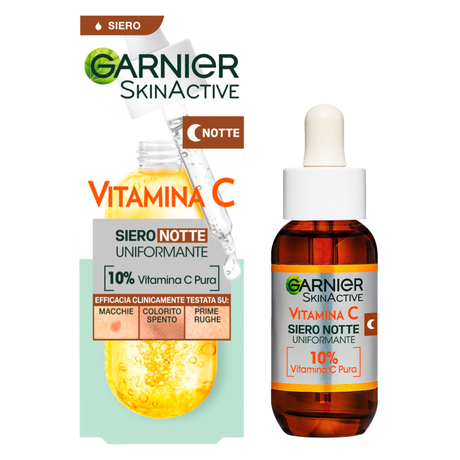 Siero Viso Notte Uniformante Anti-Macchie Illuminante Rivitalizzante Levigante SkinActive Vitamina C con Acido Ialuronico - Flacone da 30ml