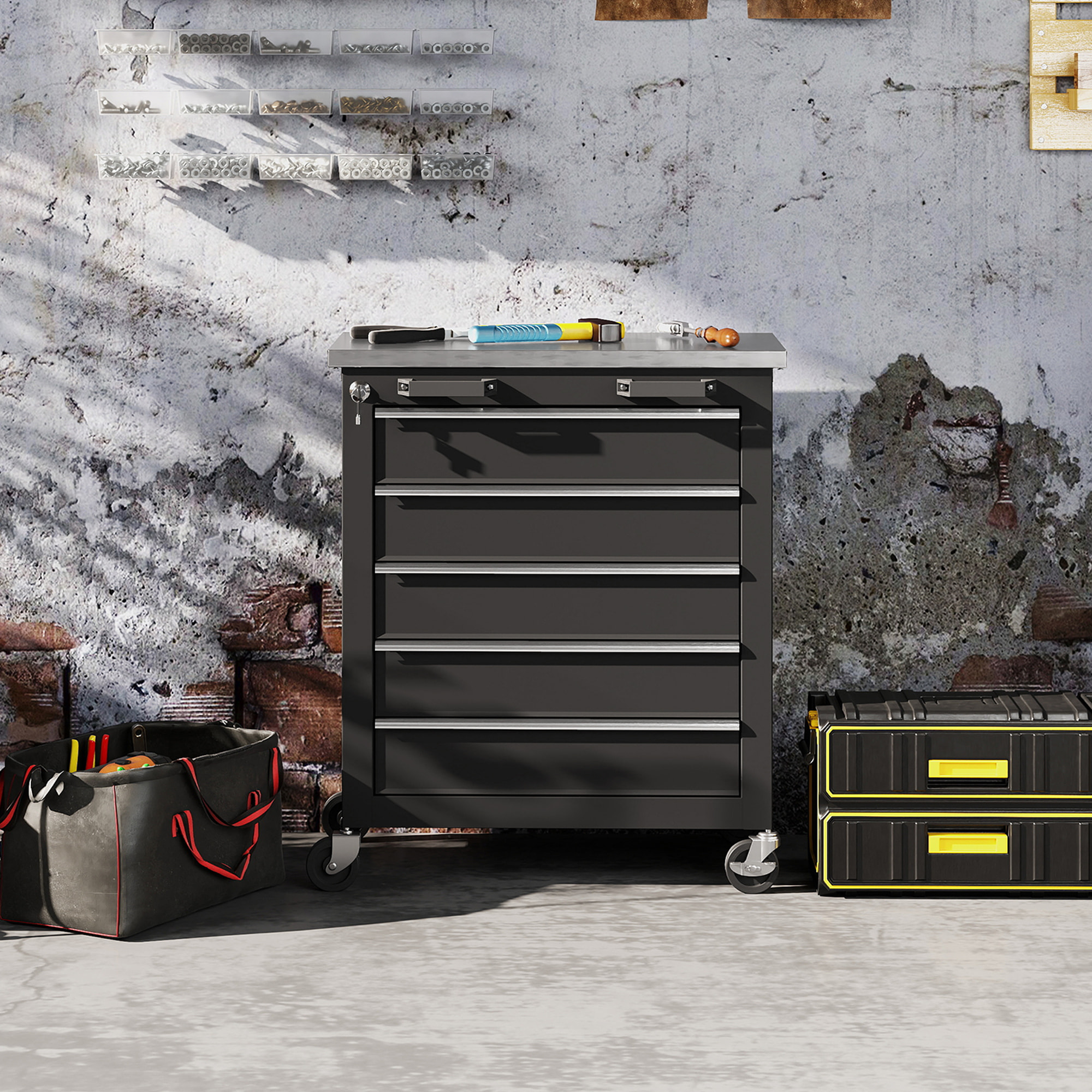 Carro de Herramientas con 5 Cajones y Cerradura, Carro de Taller con Ruedas con Freno y Encimera de Acero Inoxidable, Caja de Herramientas con Conectores Laterales, para Garaje, Negro y Plata