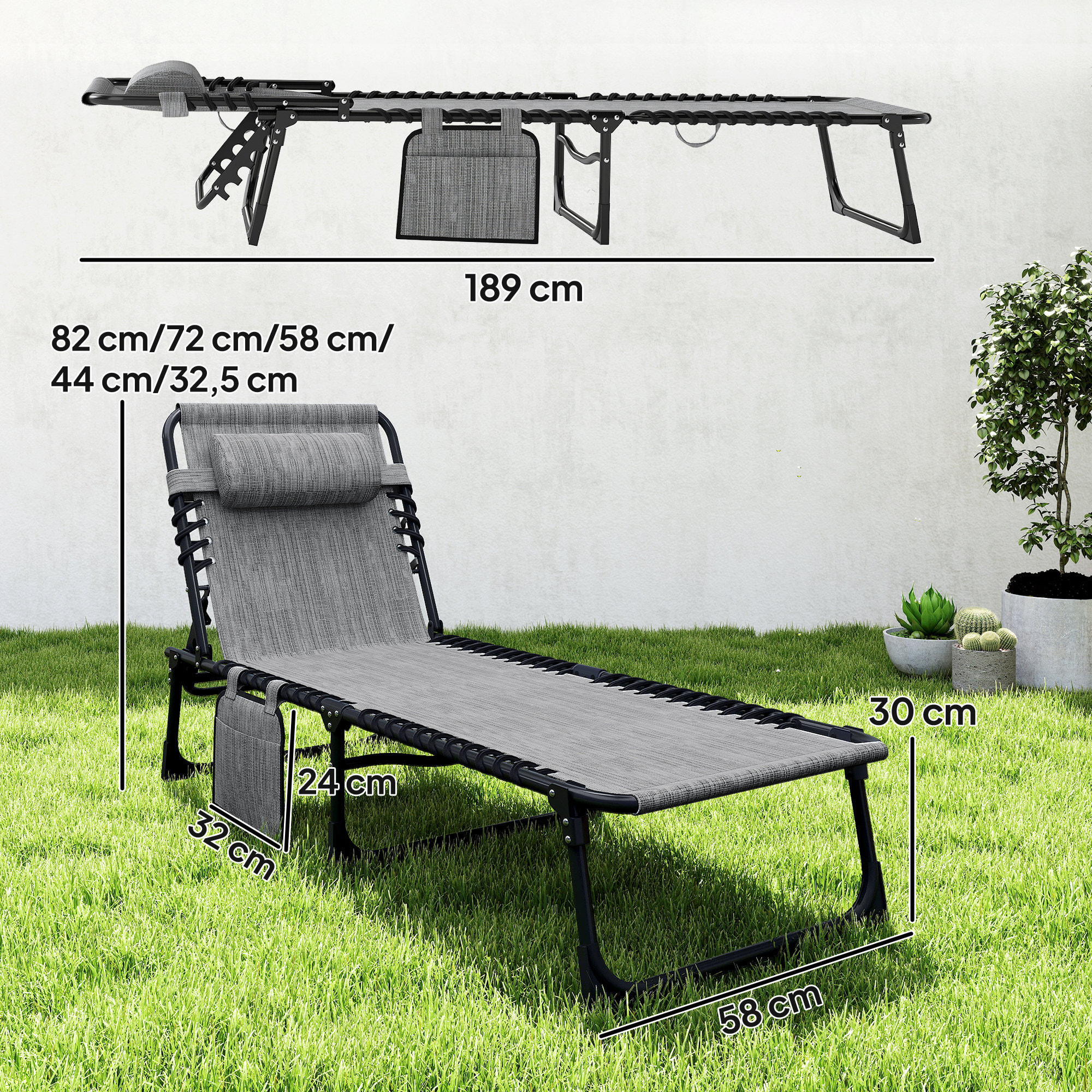 Bain de soleil transat pliable dossier inclinable acier époxy noir lacets élastiques textilène gris chiné