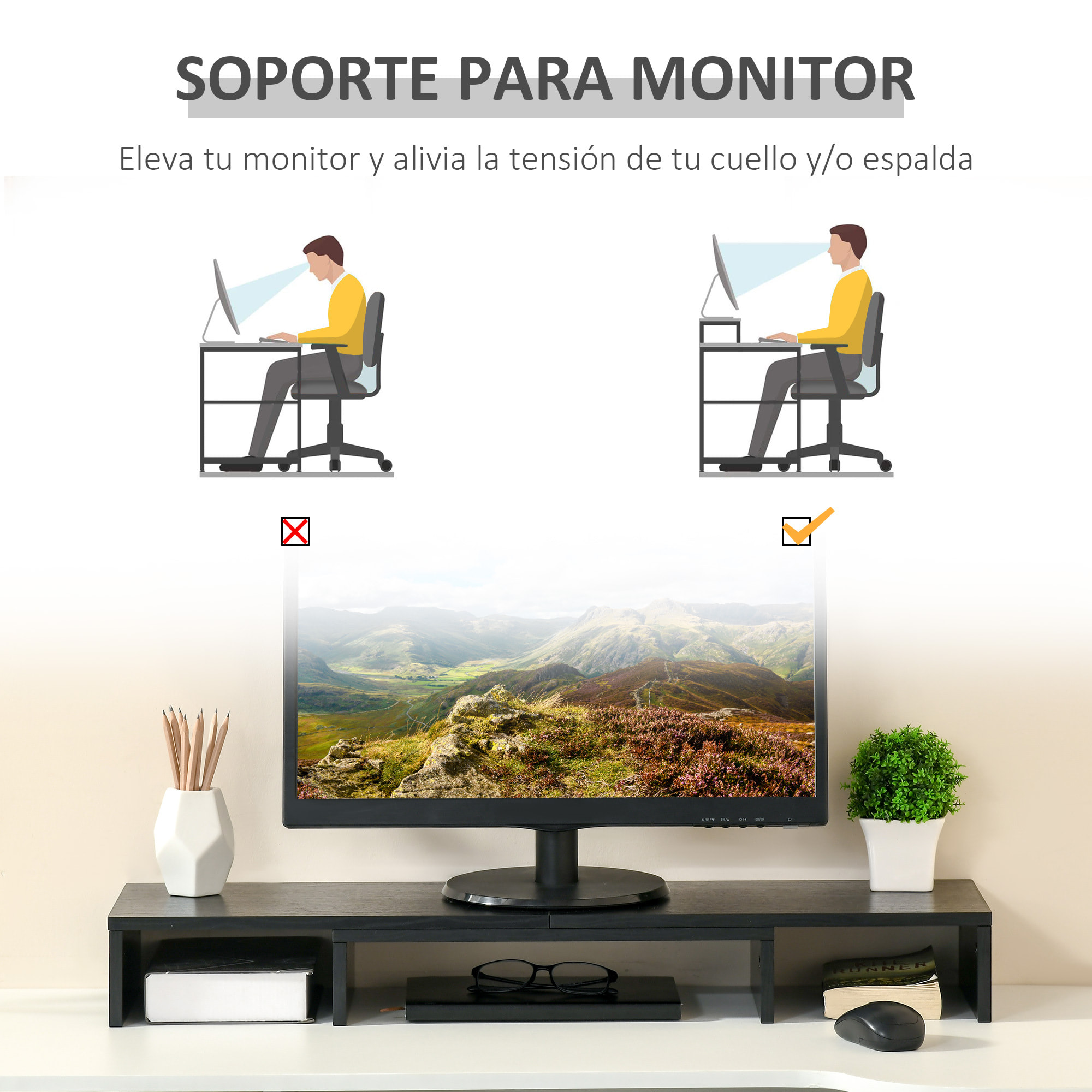 Vinsetto Soporte Elevador para Monitores de Madera Ajustable en Longitud y Ángulo para 2 Pantallas de Ordenador Portátil 80-117x23,5x10 cm Negro