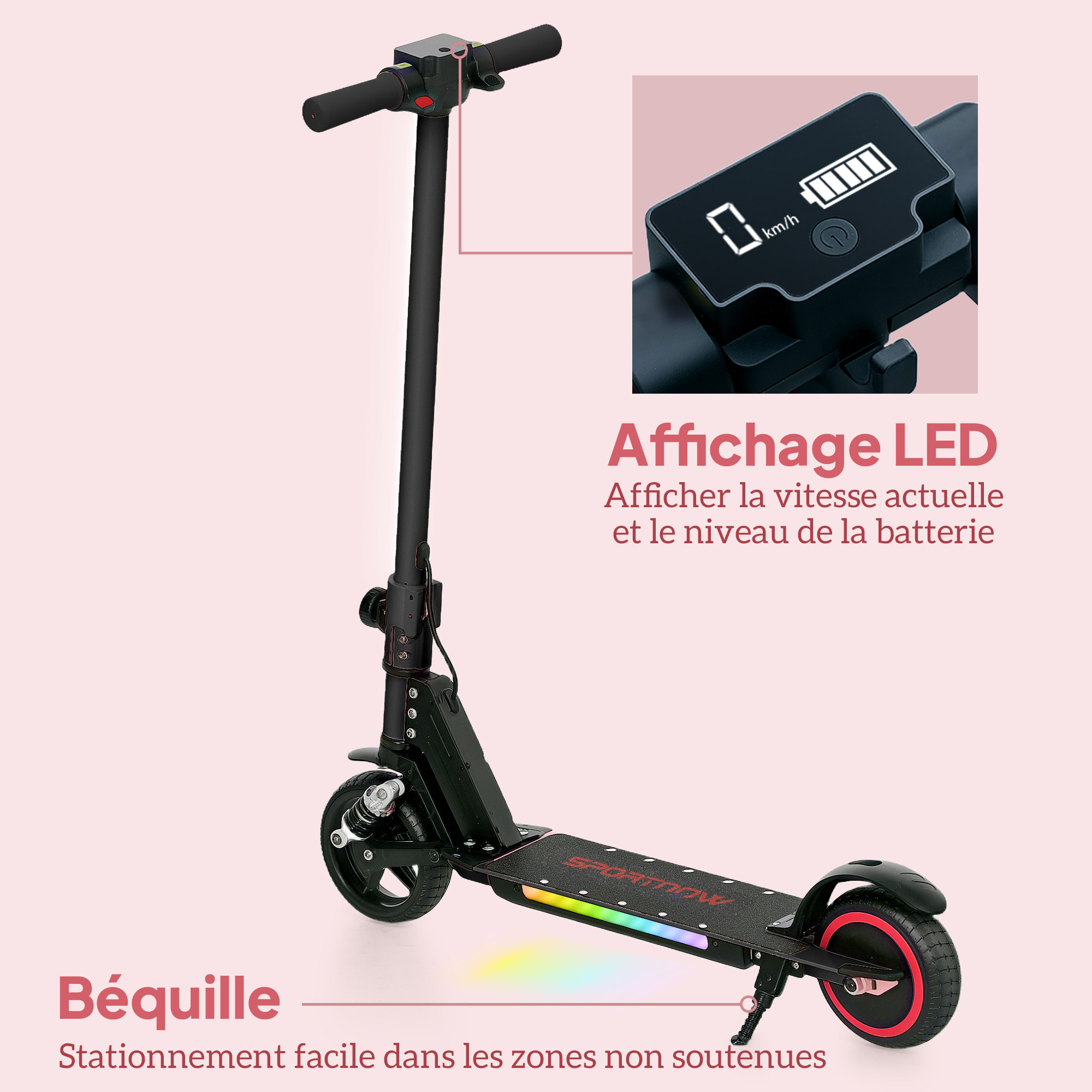 Trottinette électrique pliable LED 150W max. 14 Km/h enfant 6-14 ans double frein béquille alu noir