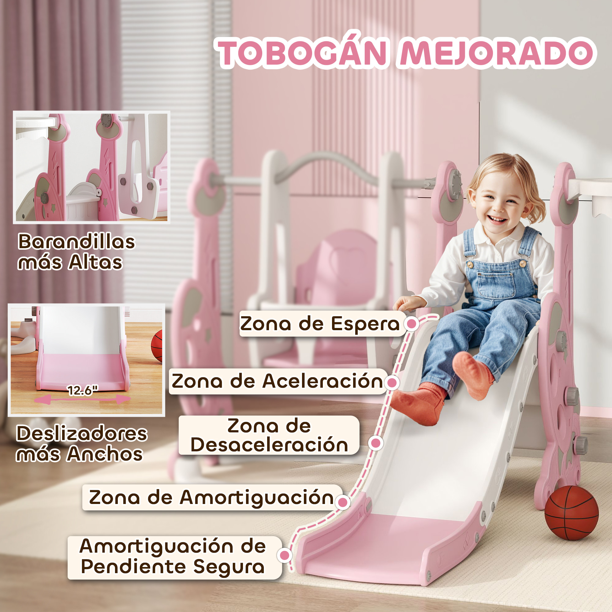 Tobogán Infantil 4 en 1 Parque Infantil con Columpio y Tobogán Escalador Aro de Baloncesto Temática de Cohete para Interior Rosa y Blanco