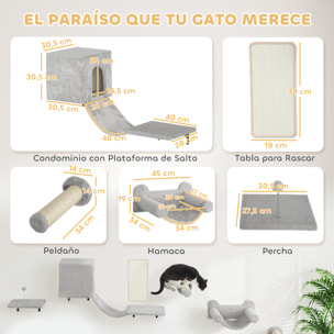 Juego de Pared de Escalada para Gatos de 6 Piezas Estanterías para Gatos con Condominio Plataforma Hamaca Escaleras Percha Tabla Rascador Poste de Sisal Bola de Juguete Gris