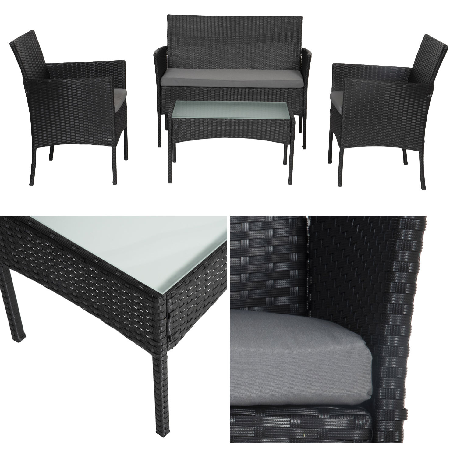 Salon de jardin CORDOUE en résine tressée noire 4 places - coussins gris