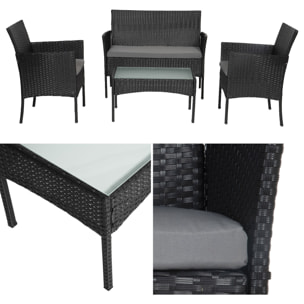Salon de jardin CORDOUE en résine tressée noire 4 places - coussins gris