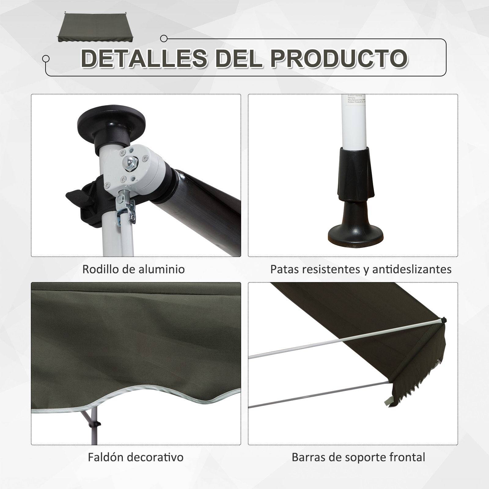 Toldo Portátil Balcón Plegable de Aluminio 3x1.5m Gris