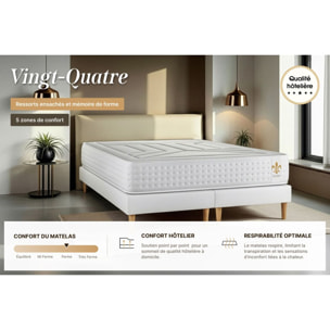 Ensemble Matelas Vingt-Quatre - 24cm - Ressorts ensachés et mémoire de forme - Confort d'exception - Sommier Tapissier Blanc