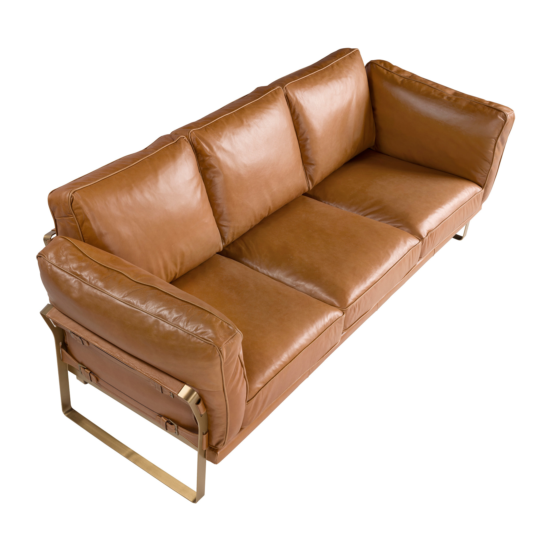 Sofá Angel Cerdá de 3 plazas tapizado en piel de origen vacuno en camel patas de acero inoxidable en dorado 222x90x84cm