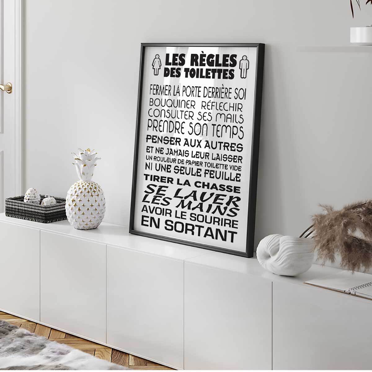 Affiche encadrée règles des toilettes typographie noire et blanche Affiche + cadre en métal - Noir