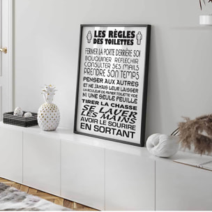 Affiche encadrée règles des toilettes typographie noire et blanche Affiche + cadre en métal - Noir