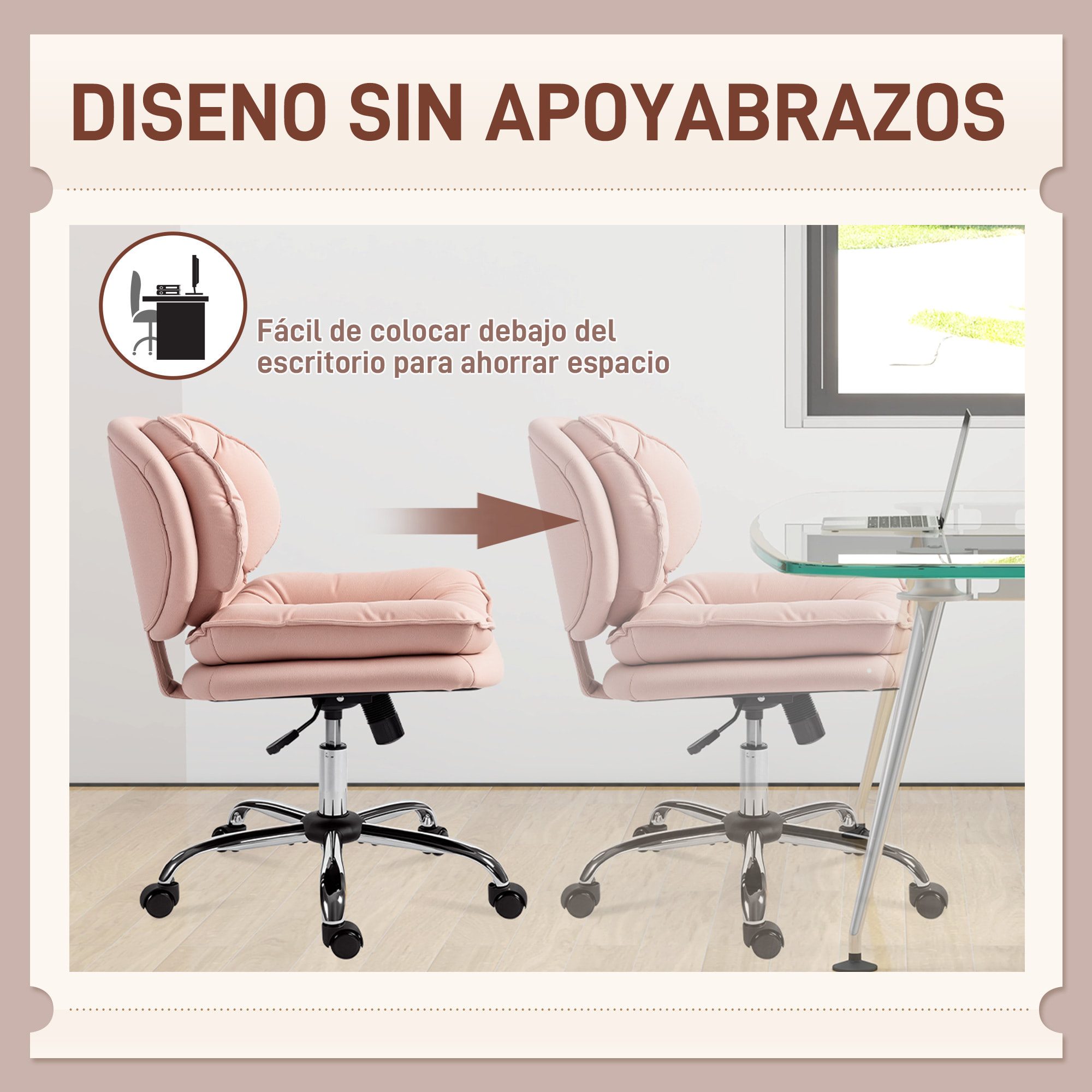 Silla de Oficina Piernas Cruzadas, Silla de Escritorio sin Brazos con Asiento Ancho, Ruedas, Altura Ajustable, Doble Acolchado, Giratoria, Función Basculante, Tapizada en PU, Rosa