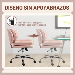 Silla de Oficina Piernas Cruzadas, Silla de Escritorio sin Brazos con Asiento Ancho, Ruedas, Altura Ajustable, Doble Acolchado, Giratoria, Función Basculante, Tapizada en PU, Rosa
