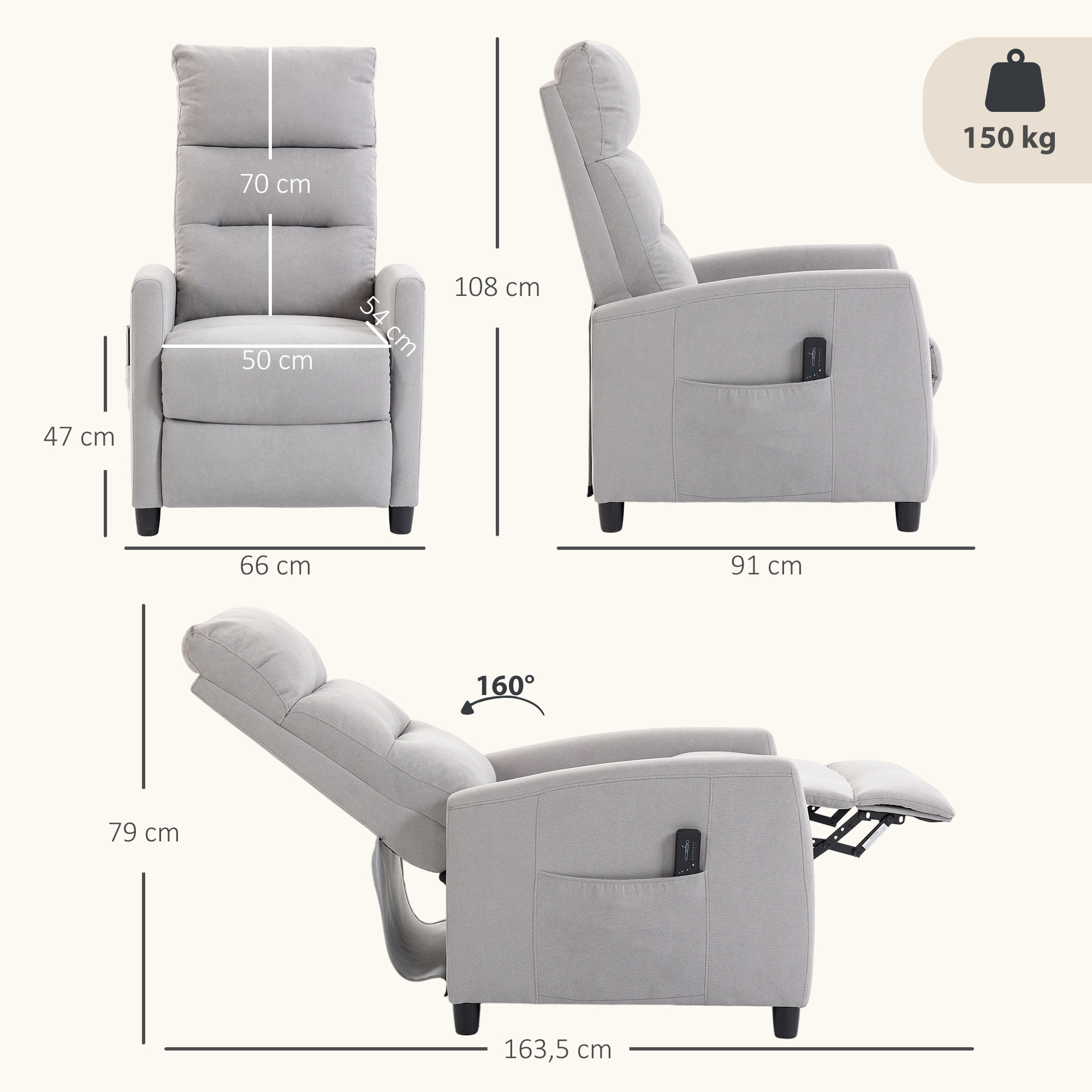 Sillón de Masaje, Sillón Relax Reclinable 160° con Mando a Distancia, Reposapiés, 2 Zonas de Masaje, Respaldo Alto, Asiento de Muelles, Bolsillos, Tapizado en Chenilla, 66x91x108 cm Gris Claro