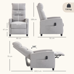 Sillón de Masaje, Sillón Relax Reclinable 160° con Mando a Distancia, Reposapiés, 2 Zonas de Masaje, Respaldo Alto, Asiento de Muelles, Bolsillos, Tapizado en Chenilla, 66x91x108 cm Gris Claro