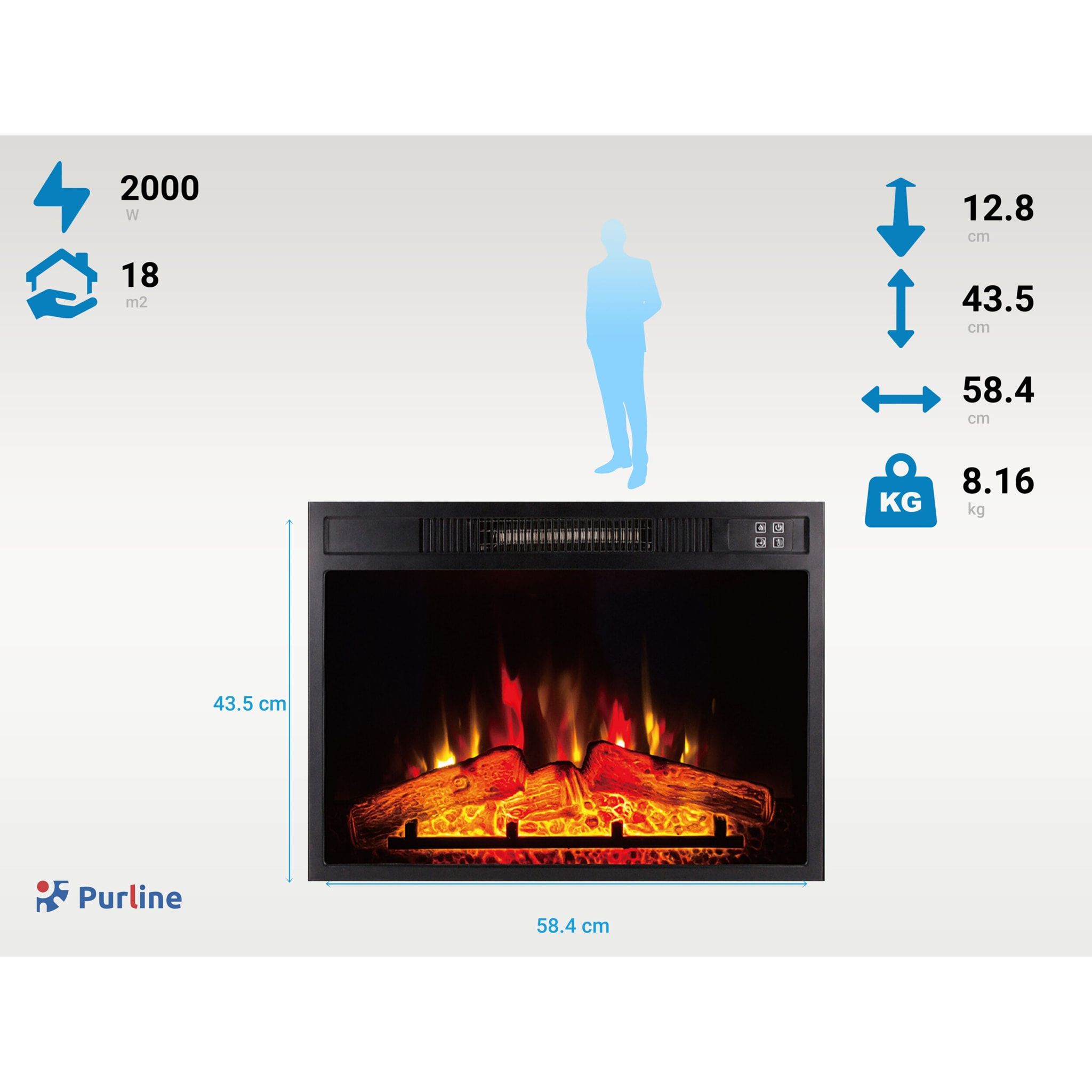 Chimenea eléctrica 2000W cristal templado negro con mando a distancia y llama ajustable CHE-620 PURLINE