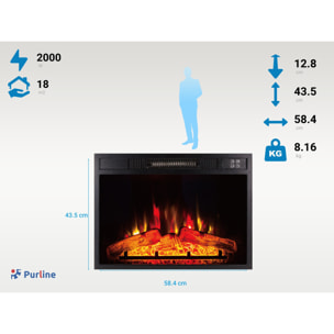 Chimenea eléctrica 2000W cristal templado negro con mando a distancia y llama ajustable CHE-620 PURLINE