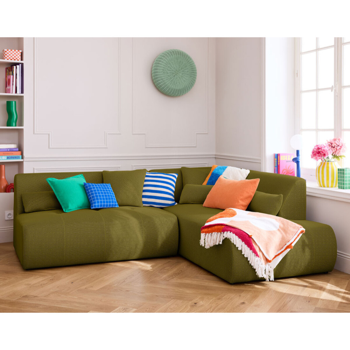Onyx - canapé modulable d'angle droit 5 places - en tissu mailles 3D - Vert Olive