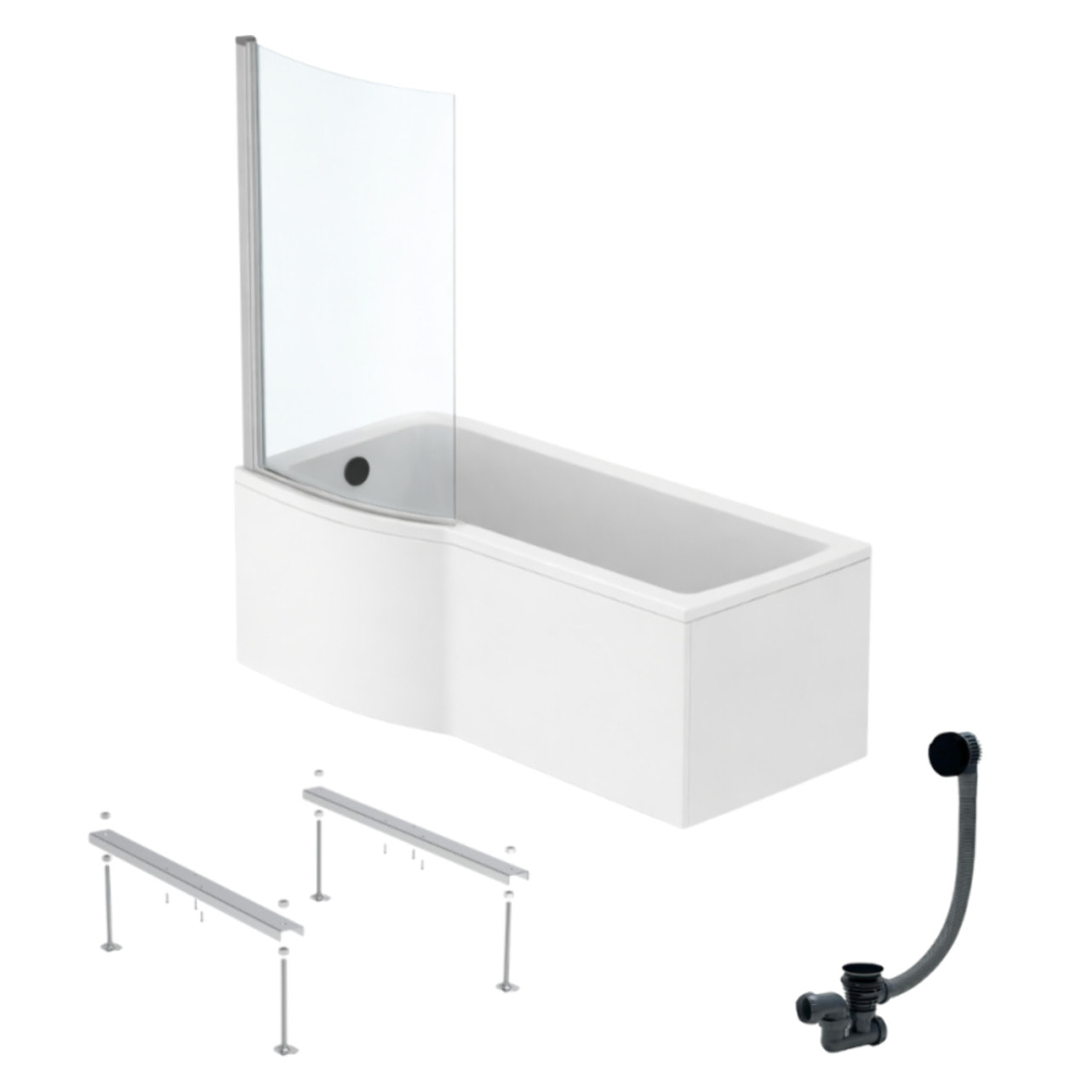 Pack baignoire bain douche 170 x 80 cm gauche Connect Air + tablier + pare bain fixe  + pieds + vidage Noir mat