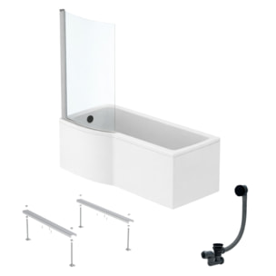 Pack baignoire bain douche 170 x 80 cm gauche Connect Air + tablier + pare bain fixe  + pieds + vidage Noir mat