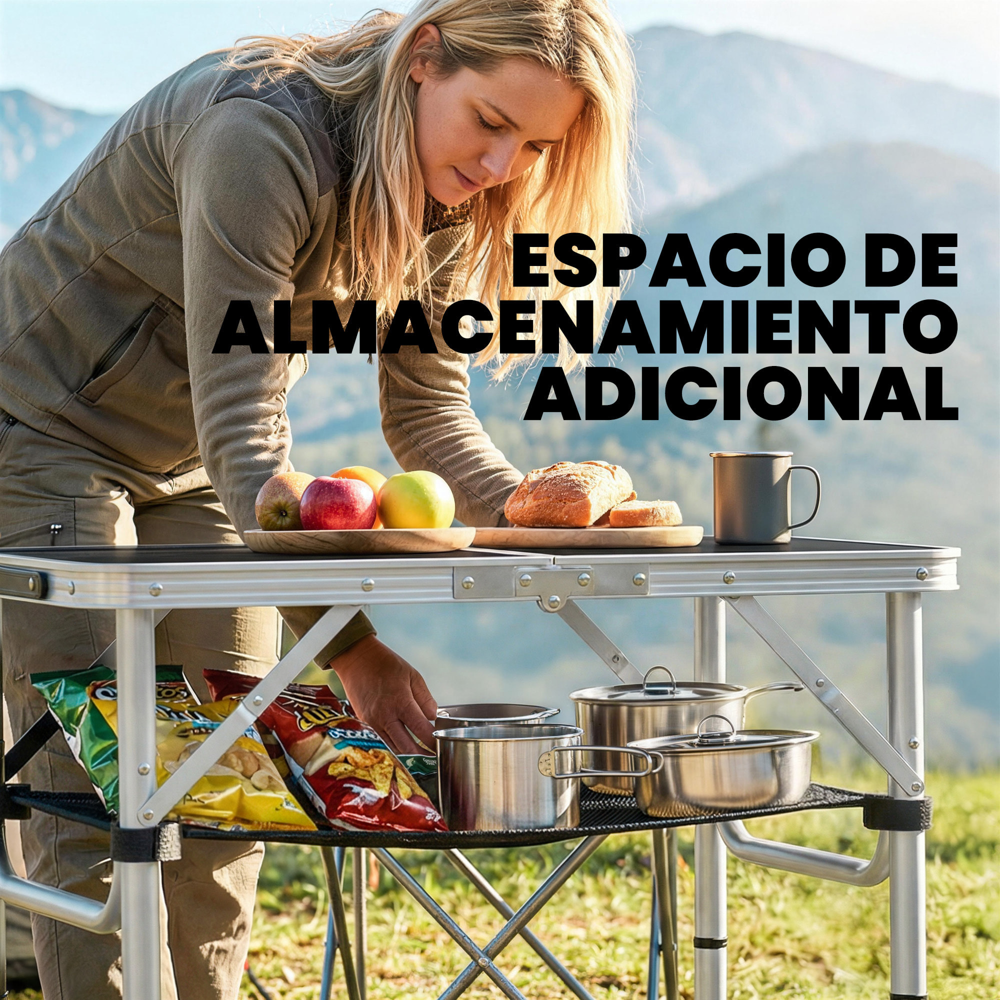 Mesa Plegable Camping, 60x40x60 cm, Mesa Plegable Portátil con Altura Ajustable en 4 Niveles, Red de Almacenamiento, Marco de Aluminio, para Acampar, Senderismo, Playa, Negro